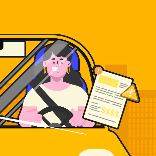 a imagem ilustra o desenho de uma mulher dentro do carro e uma multa no parabrisa do carro