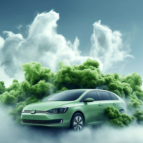 a imagem ilustra um carro verde no meio de arbustos verde e de fundo o céu azul com nuvens