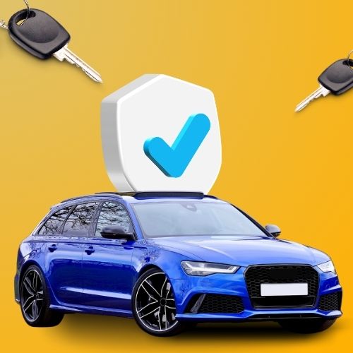 Imagem ilustra um carro azul, com algumas chaves ao redor.