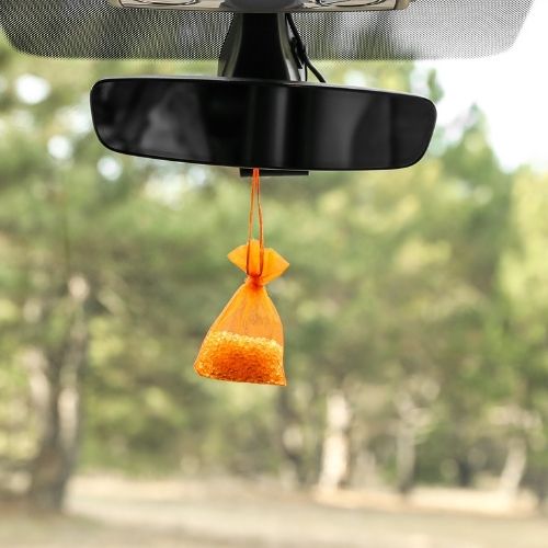 Esta imagem mostra uma pequena bolsa pendurada do retrovisor de um carro. A bolsa é amarela e tem uma abertura para fechar. Existem árvores no fundo.